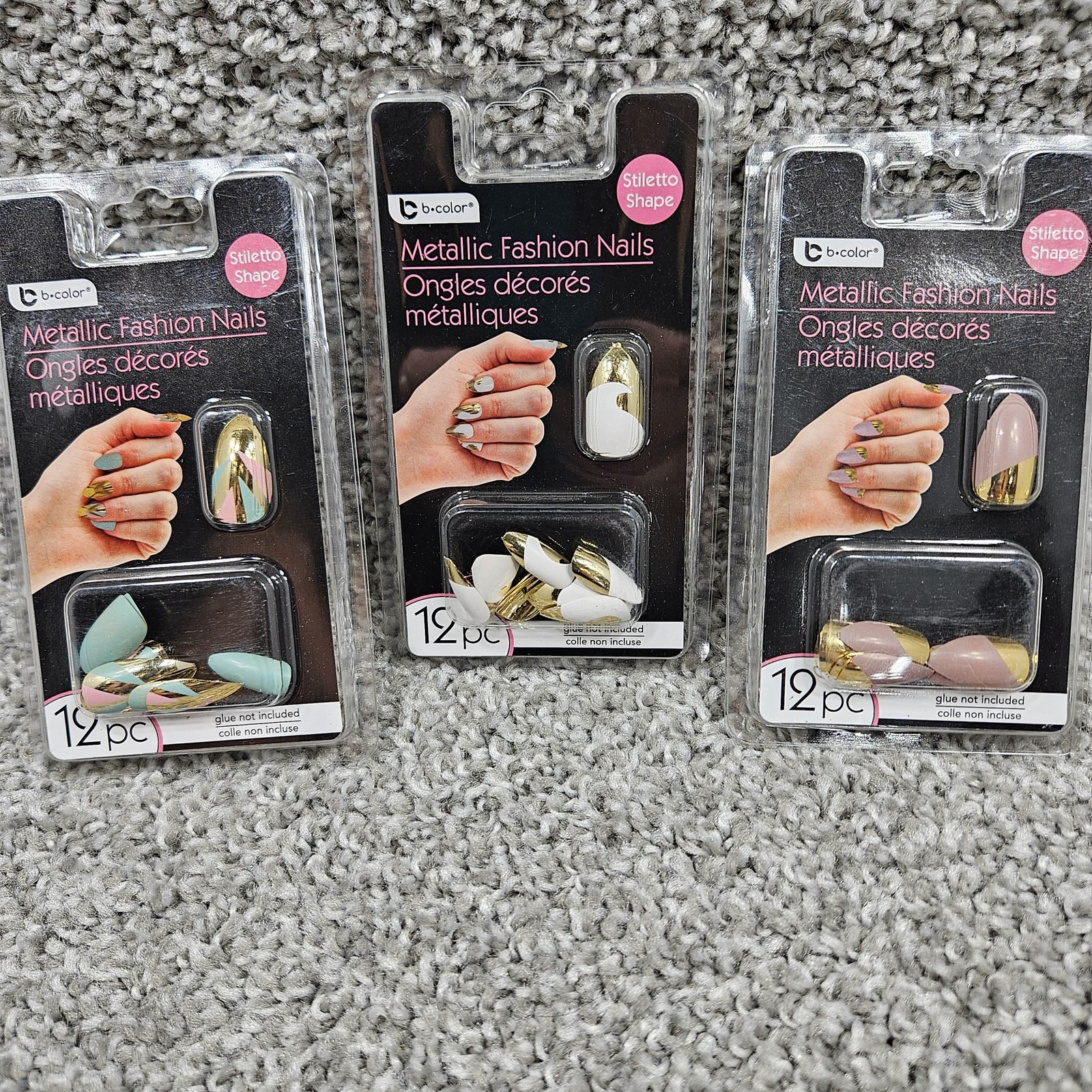 B-Color Metallic Fashion Nails Set 3 Pack Stiletto Shape 12pc Glue On Gold Tips