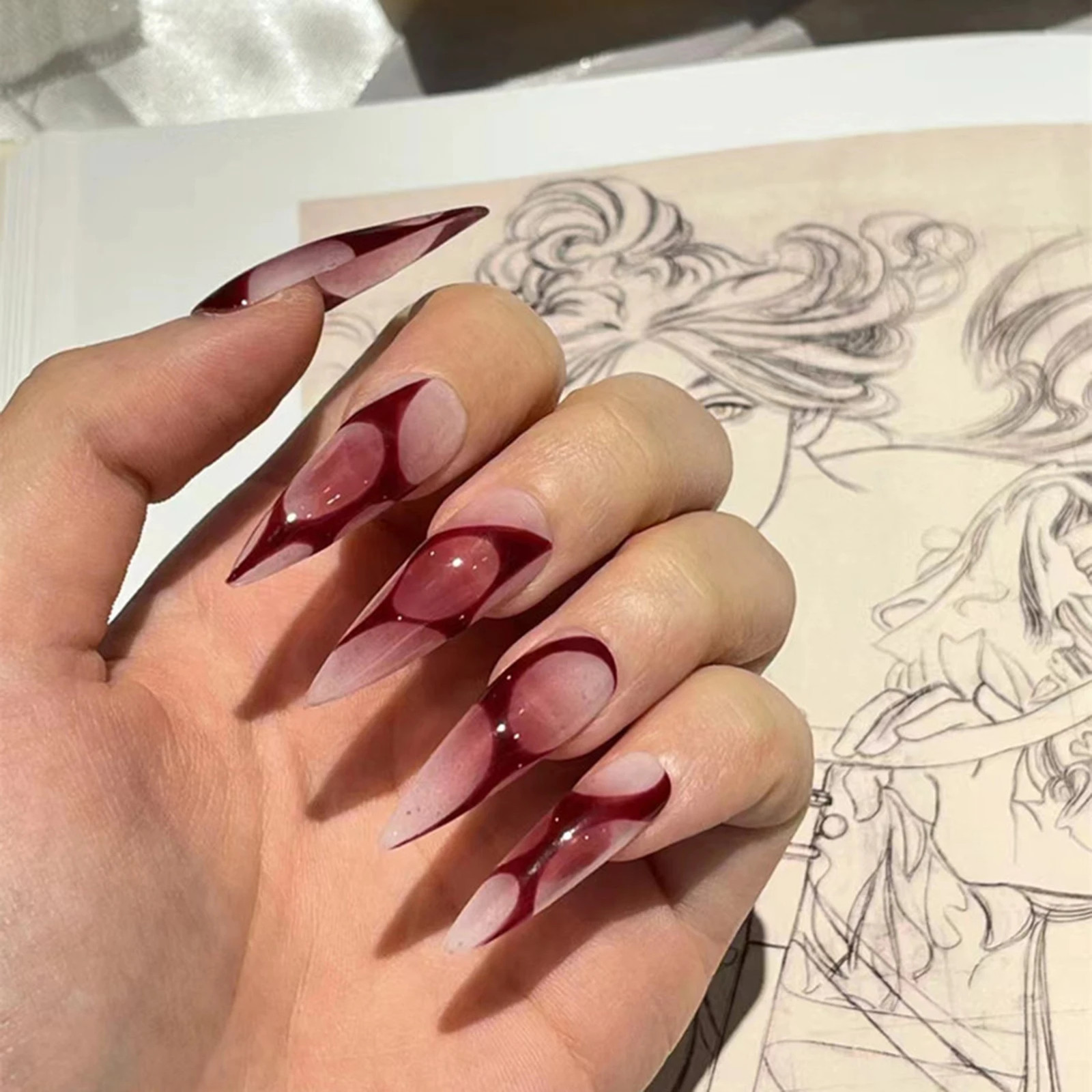 24pcs Red Blush Goth Long Stiletto Press On Nails