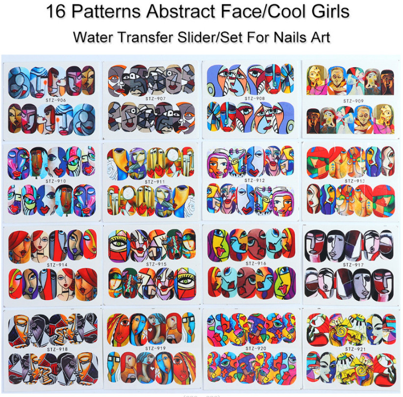 16Pcs Nail Art Stickers Water Decals Transfer Abstract Face Eye Design NS5