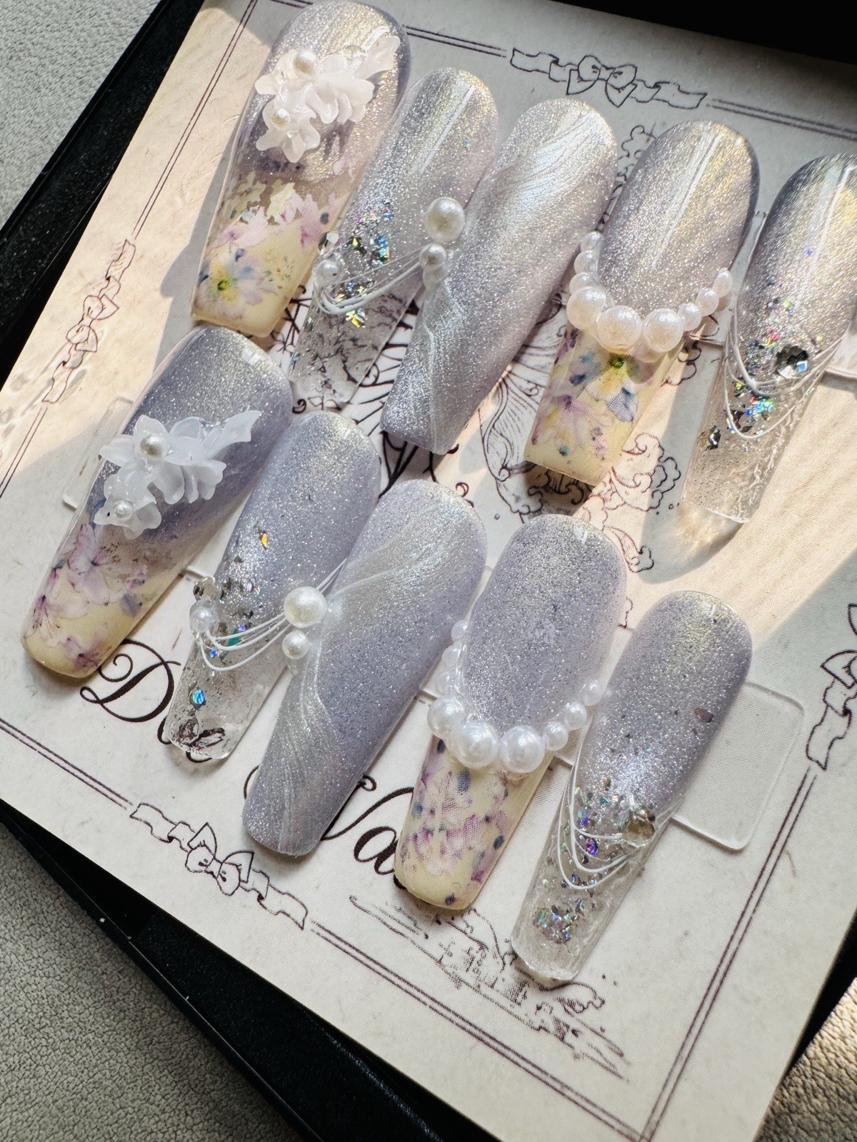 Press-On Nails Long Coffin Silver/Multicolor Flowers Theme 3D Glitter Full Cover