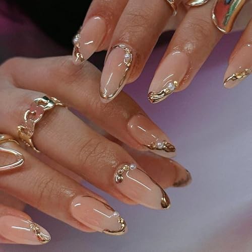 French Tip Press on Nails Medium Almond Fake Nails Gold Line Almond Style-18
