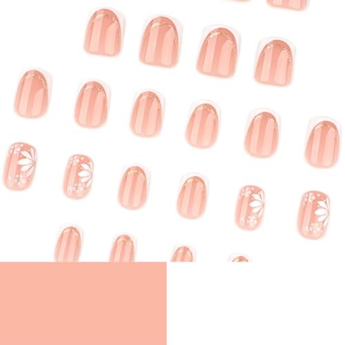 Square Press On Nails Short – Nude Pink French 60-White Flower with Gold Trim