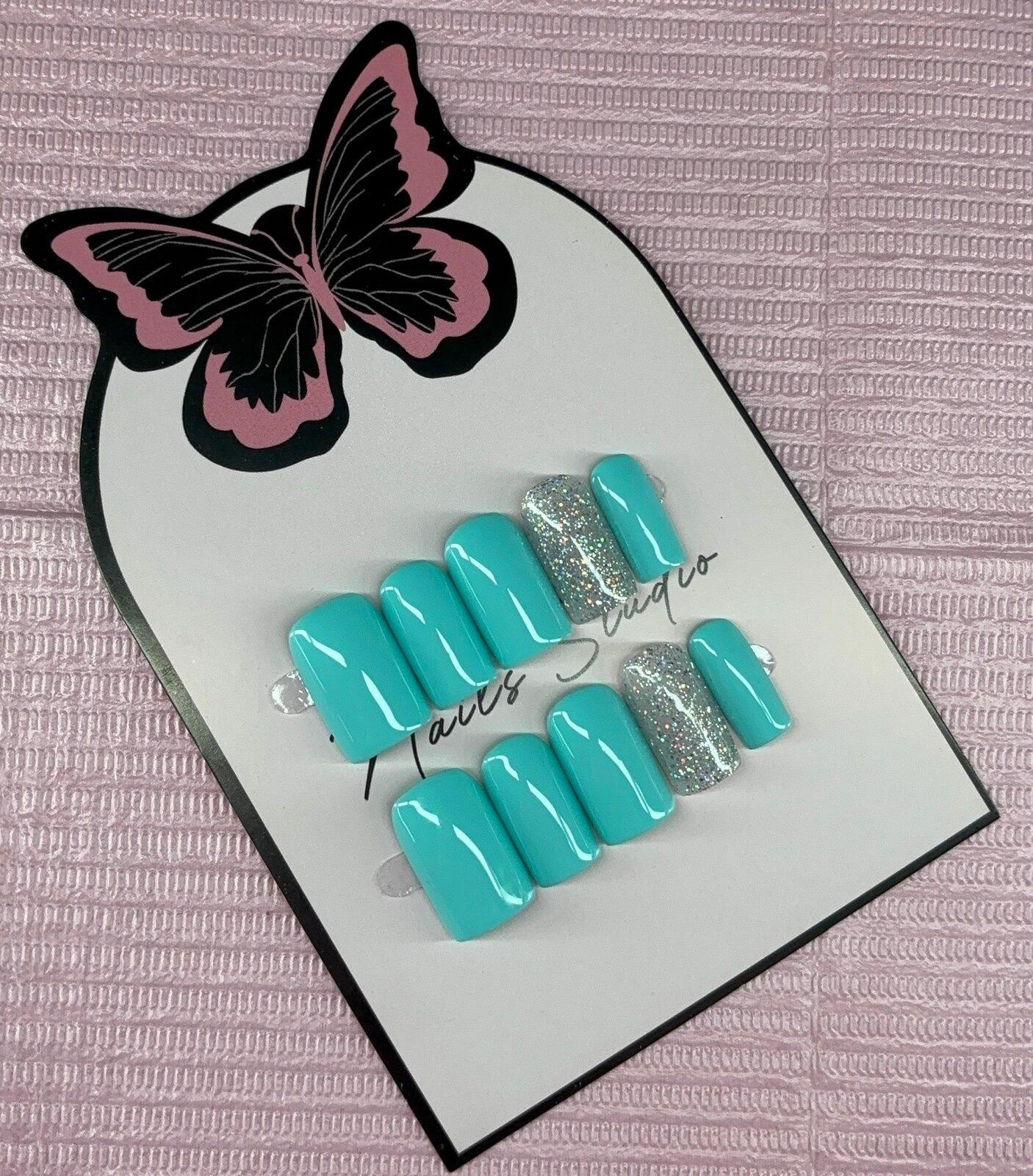 Short square Press on nails silver glitter teal light blue handmade custom gel