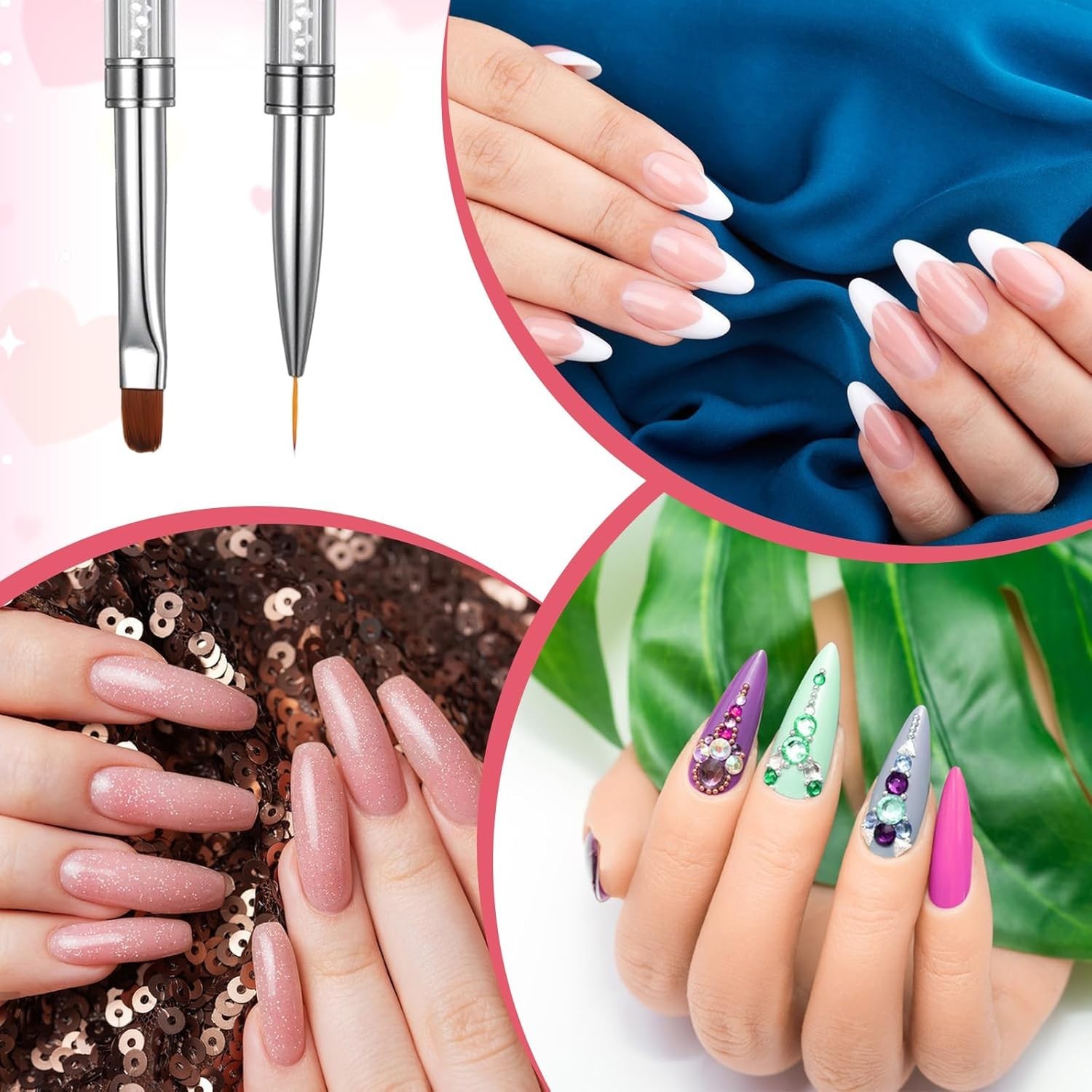 2-PCS Double-Ended Nail Builder Gel Brush, French Tip Liner Rhinestone Tool