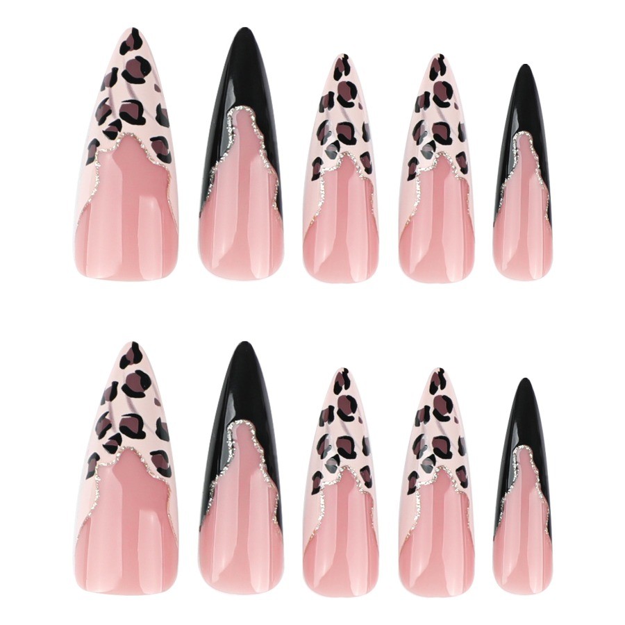 48Pcs-Long Stiletto Nude Leopard Black Gold Line Fake Press on Nails Set