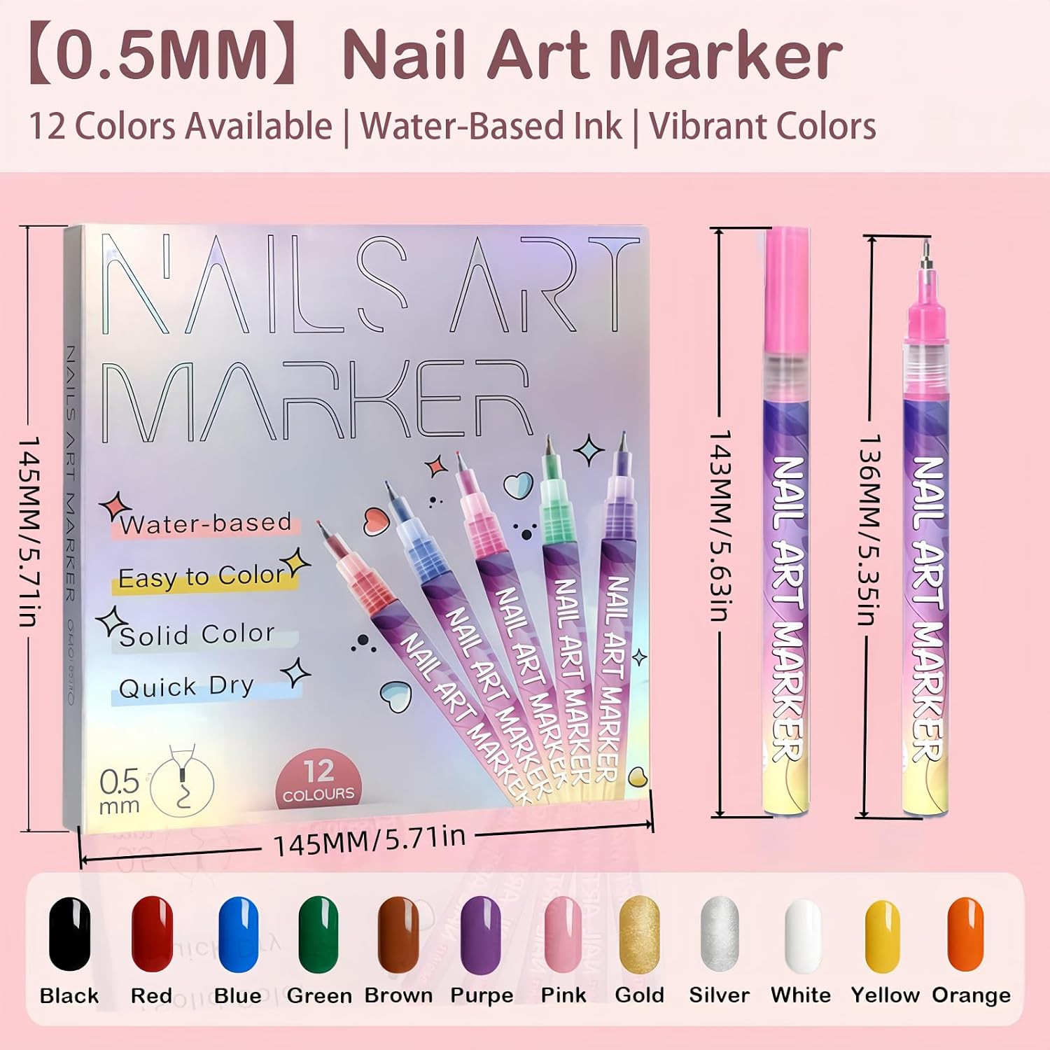 12 Colors Nail Art Pens Set, Quick Dry Nail Art Markers & Nail Polish Pens for D