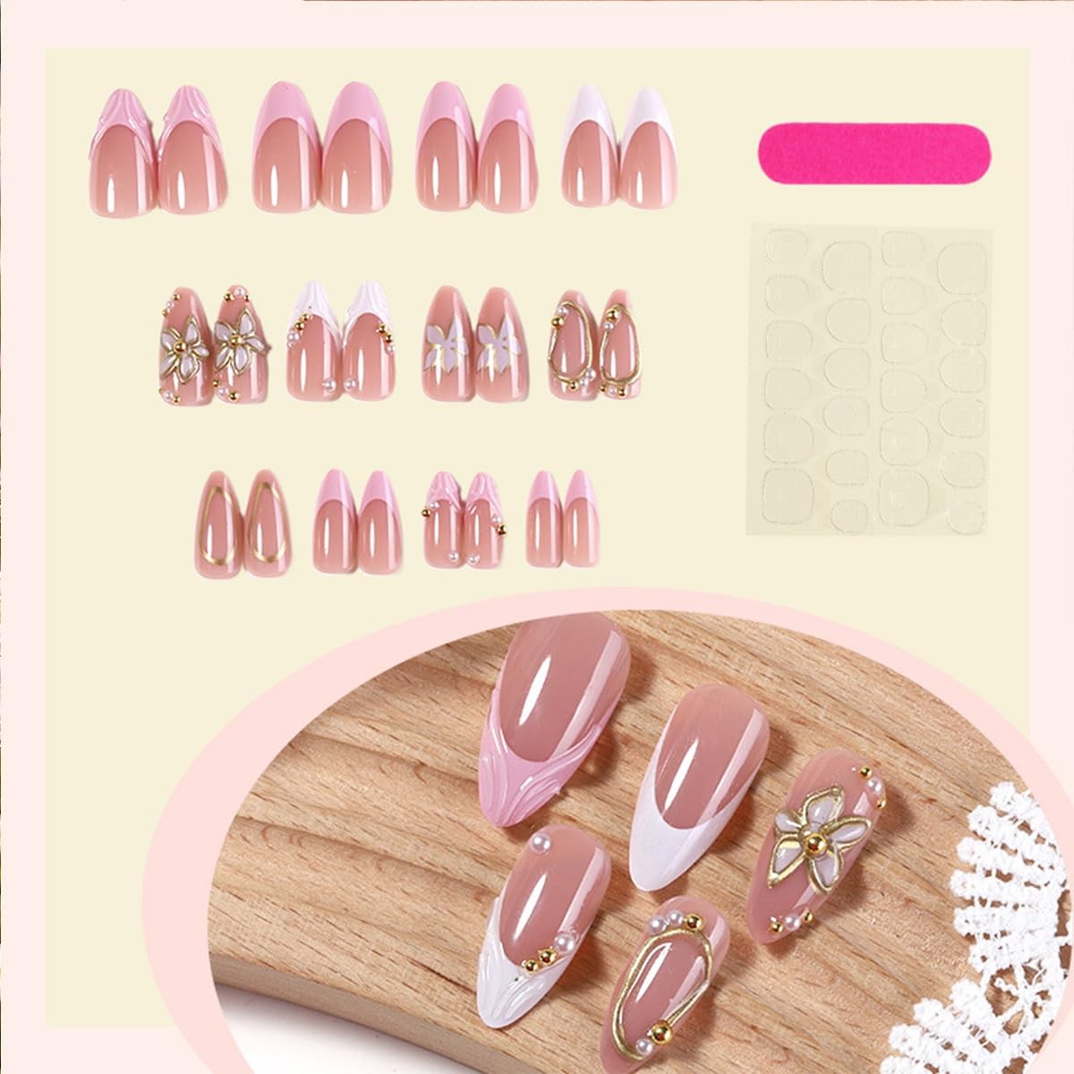 3D Press on Nails White Medium Almond Gilded Flower Pearl Fake Nails Press on…