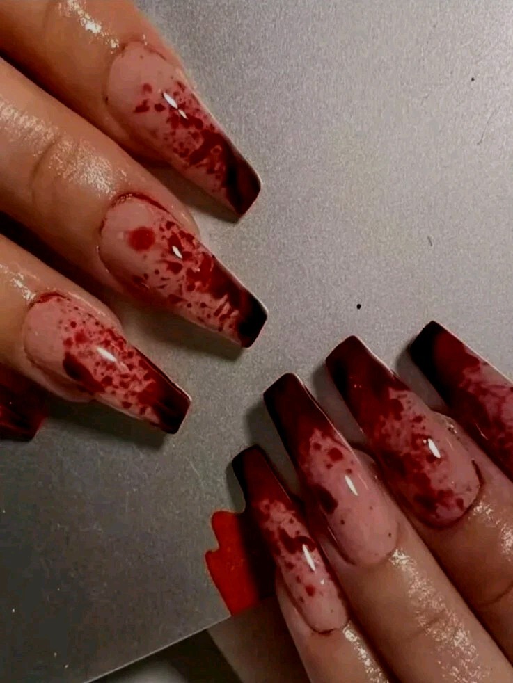 Halloween Theme Press On Coffin Shaped Nails Bloodstain Design w/File