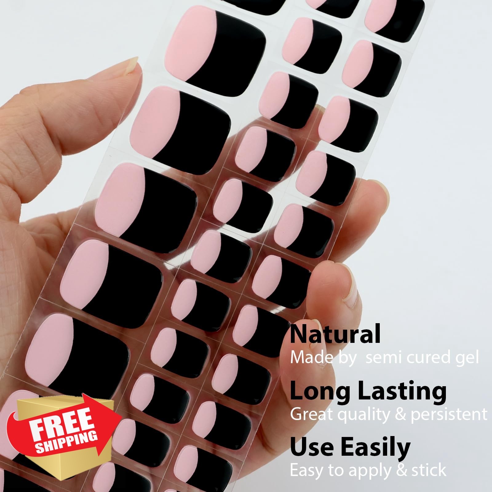 IQXGE 34 Pcs Semi Cured Gel Toe Nail Strips Black French Tip Gel Nail Sticker…