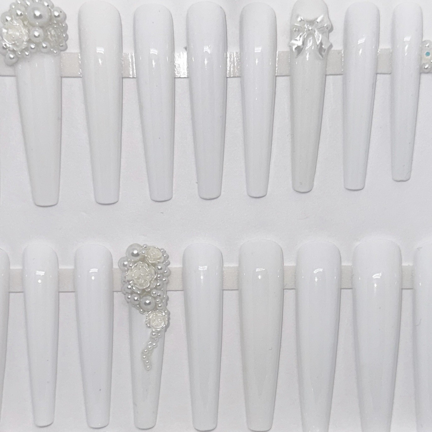 Handmade Custom Press on Nails 2X Long Coffin Wedding White Pearls & Roses Nails