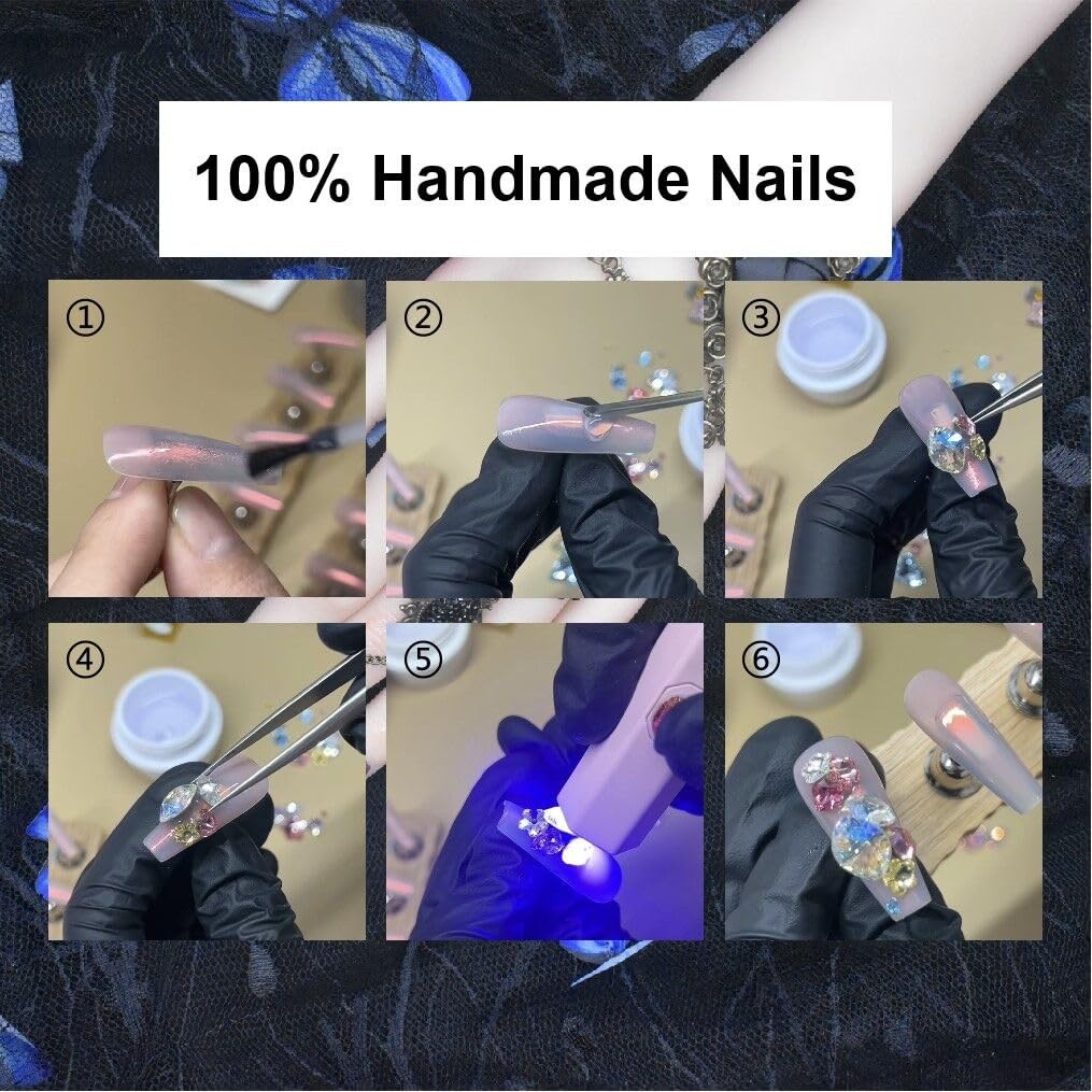 Handmade Press On Nails Fake Nails Dark Baroque with Black Diamonds and Vinta…