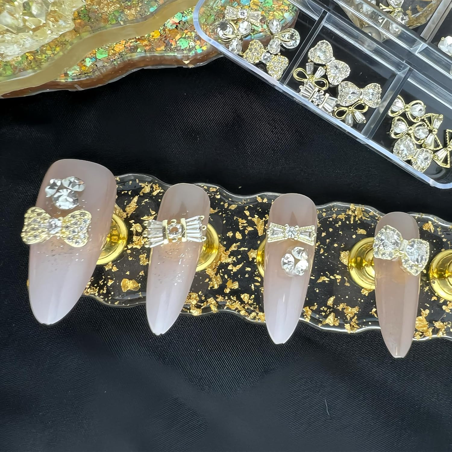 24 Pcs 3D Luxury Gold Nail Charms and Gems with Bows for Nail Art Decoration