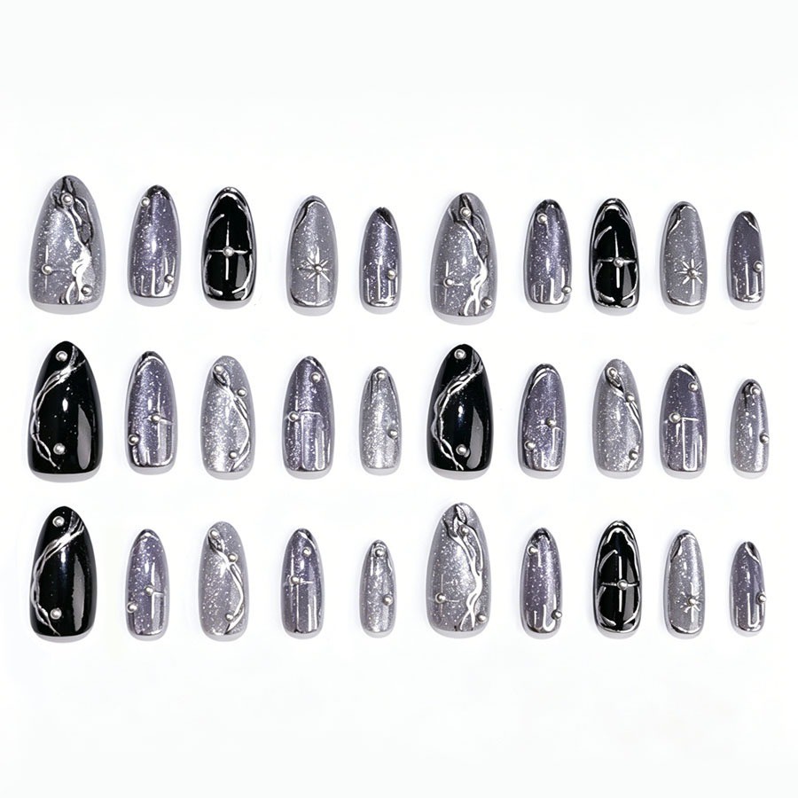 60Pcs-Medium Almond Black Silver Glitter Marble Line Pearl Star Press on Nails