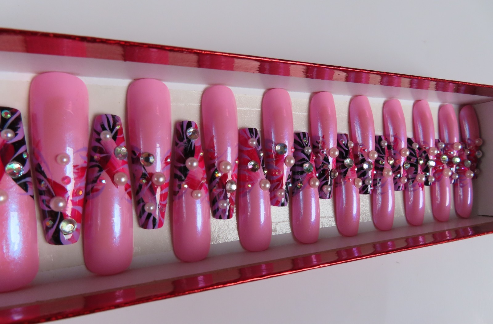 XL Pink Red Purple Black Rhinestone Pearl Abstract Tip Coffin Press On Nails