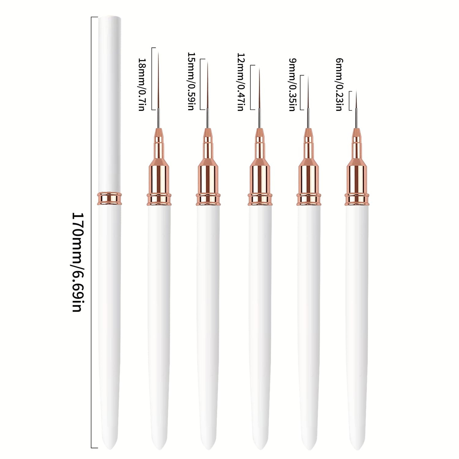 5PCS Liner Brushes for Nails, Nail Art Liner Brushes Set, 6/9/12/15/18Mm Thin De