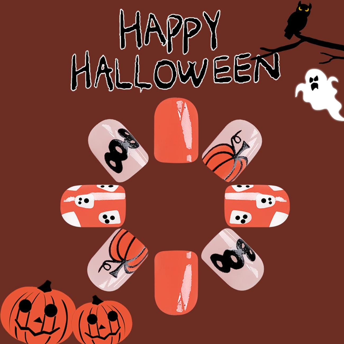 Short Halloween Press on Nails Orange Pumpkin Ghost Black Bat Design Hallowee…