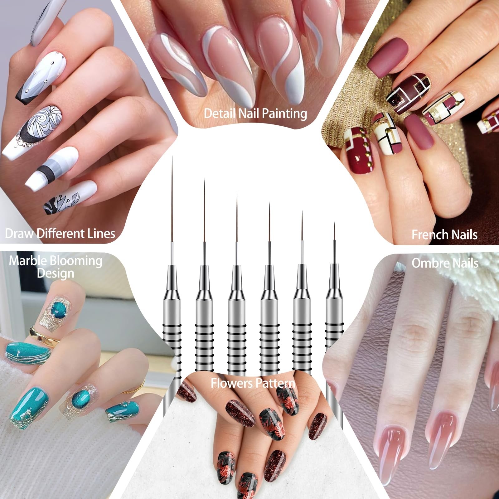 Nail Art Liner Brushes 6Pcs Fine Line Brush For Silver