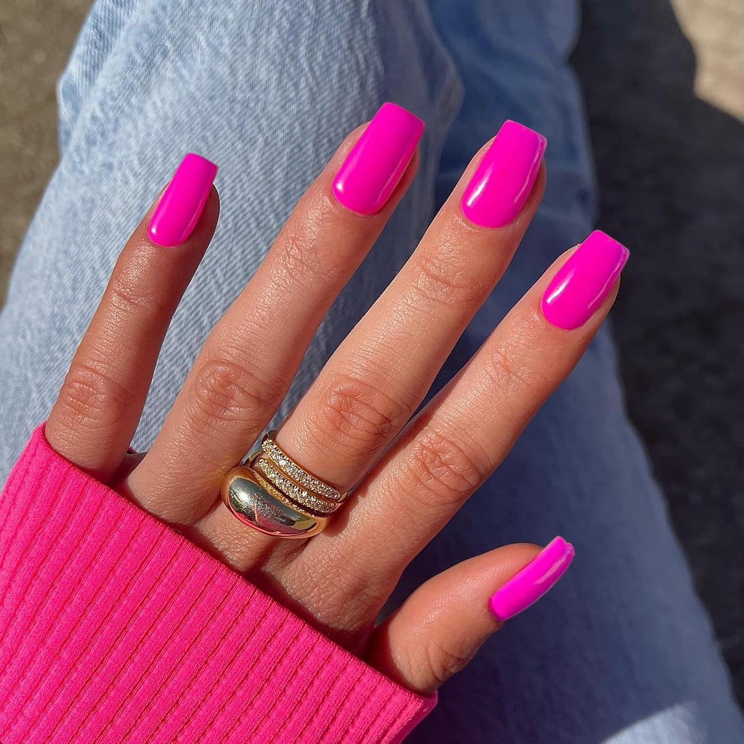 Neon Hot Pink Press on Nails Short Medium Coffin, Solid Color glossy hot pink