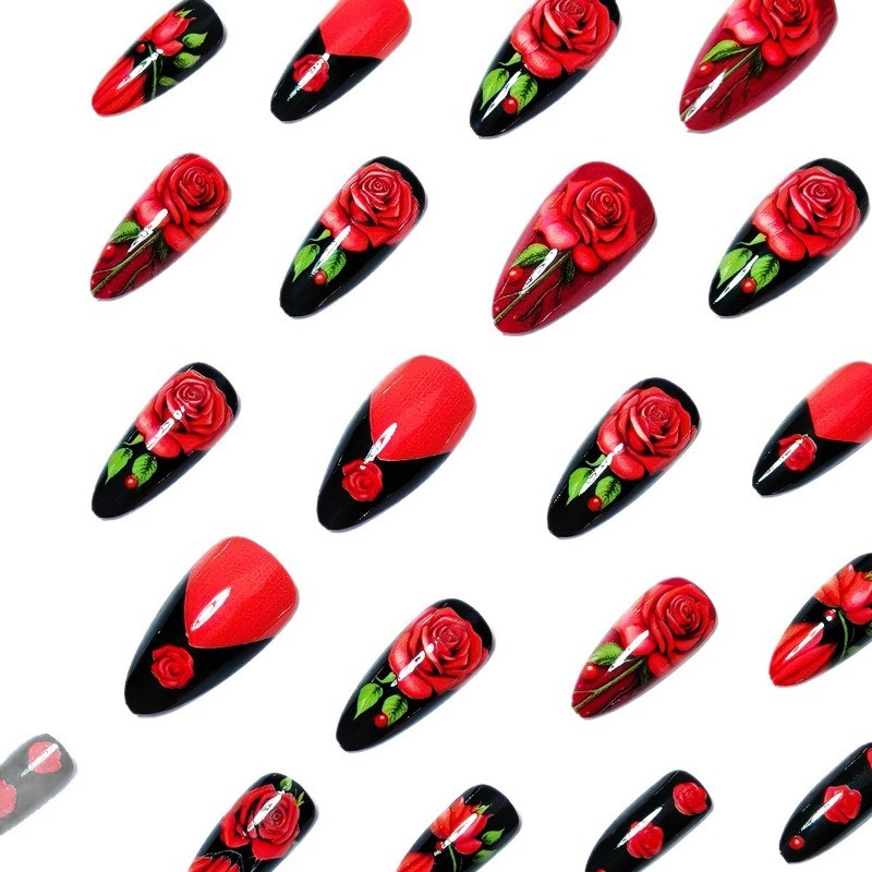 48PCS Long Almond Black 3D Red Rose Burgundy Nail Press Reusable Fake Nails