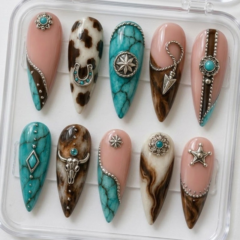 Custom Pure Handmade Nails Turquoise Western Silver Charm Leopard Manicure