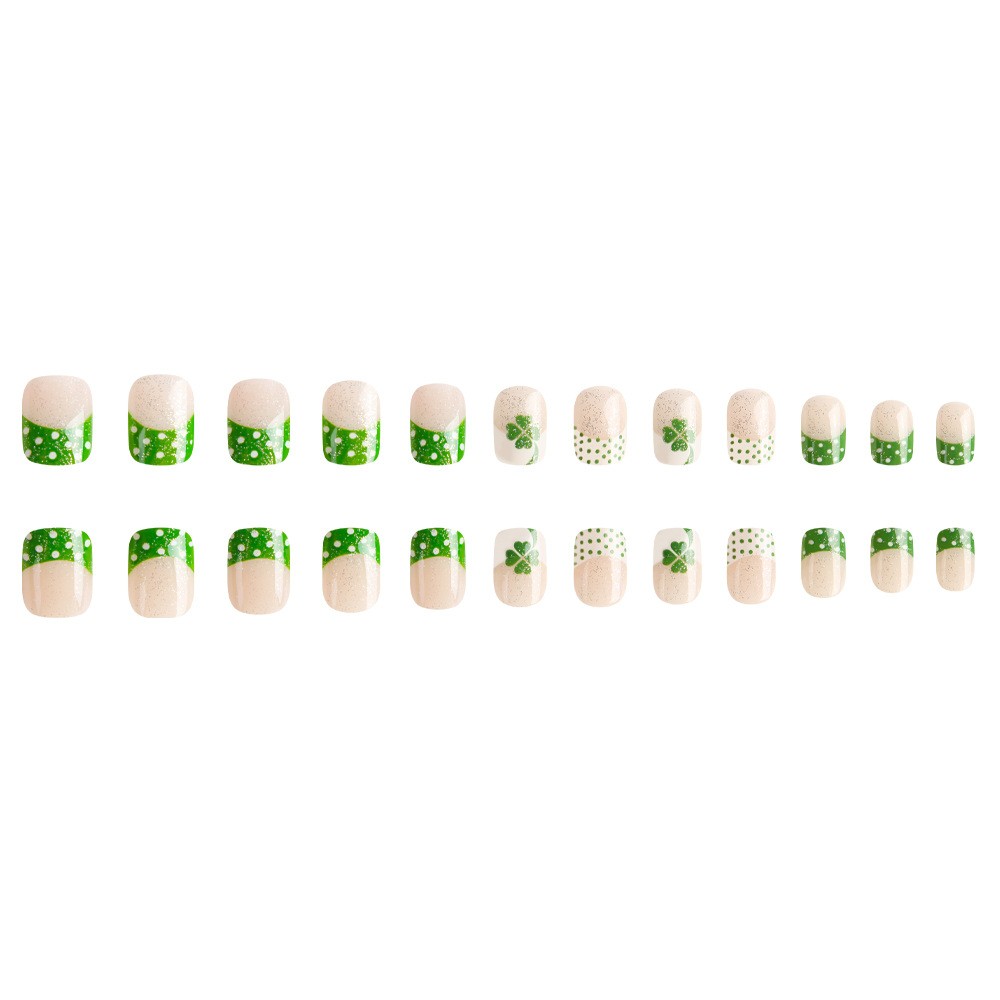 24pcs Green Clover French Press-On Nails. Detachable, Fresh & Festive for Women