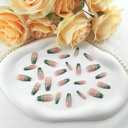 Coffin Press on Nails Medium Green French Tip False Nails with White Flower