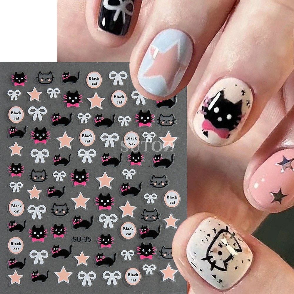 3D Cartoon ANIMAL Black Cat KITTEN Bow-knot Star NAIL ART STICKERS Su35 NH28