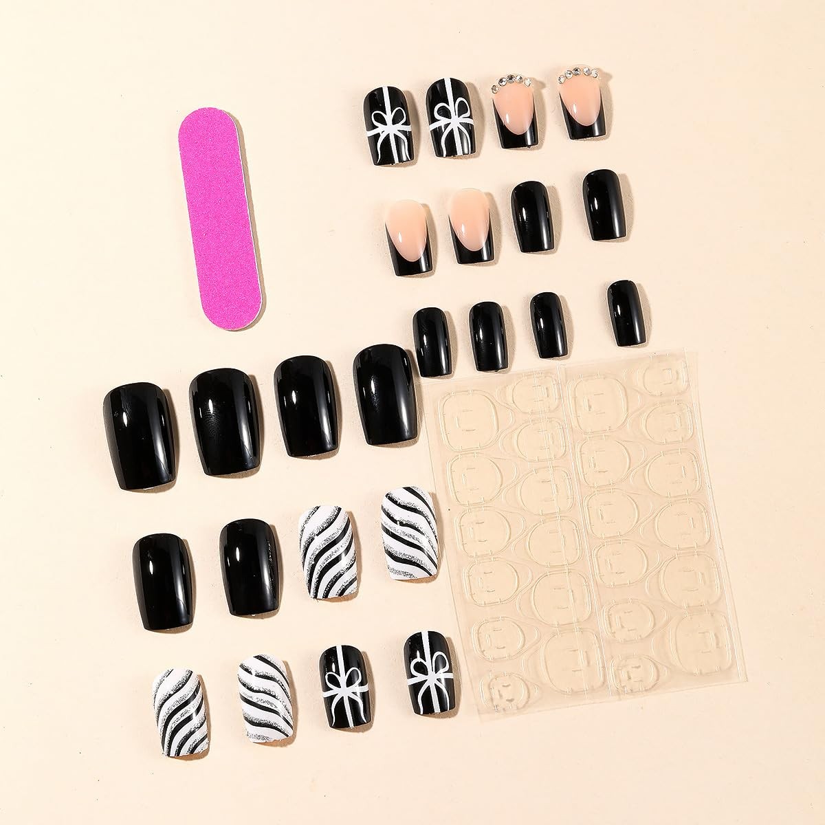 24Pcs Christmas Press On Medium Square Black Fake Nails With French Tip Desig…