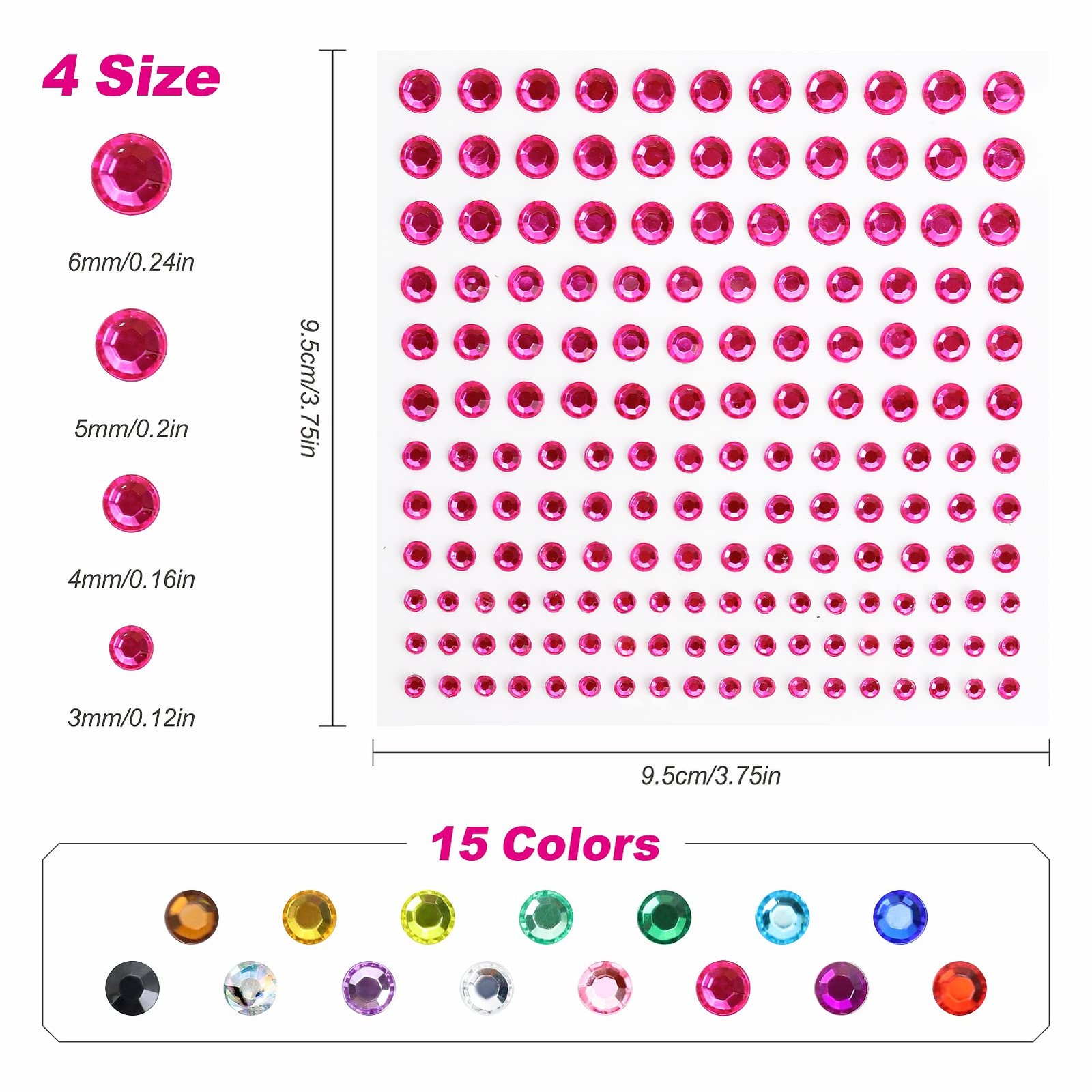 Rhinestone Stickers 2478Pcs Self Adhesive Facial Gem Stickers,4 Sizes 15 Colo…