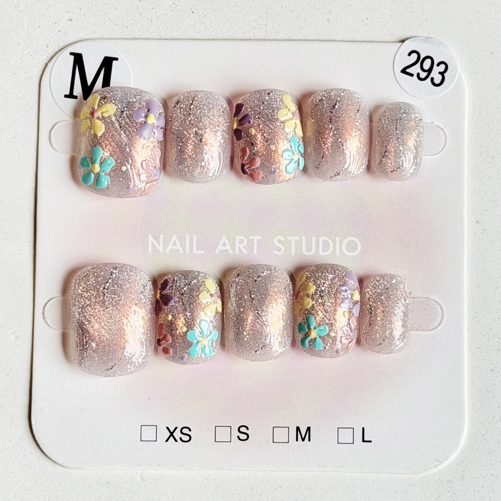 Handmade Aurora Flower Press-On Nails Size M Short Squoval Reusable Fake Nails