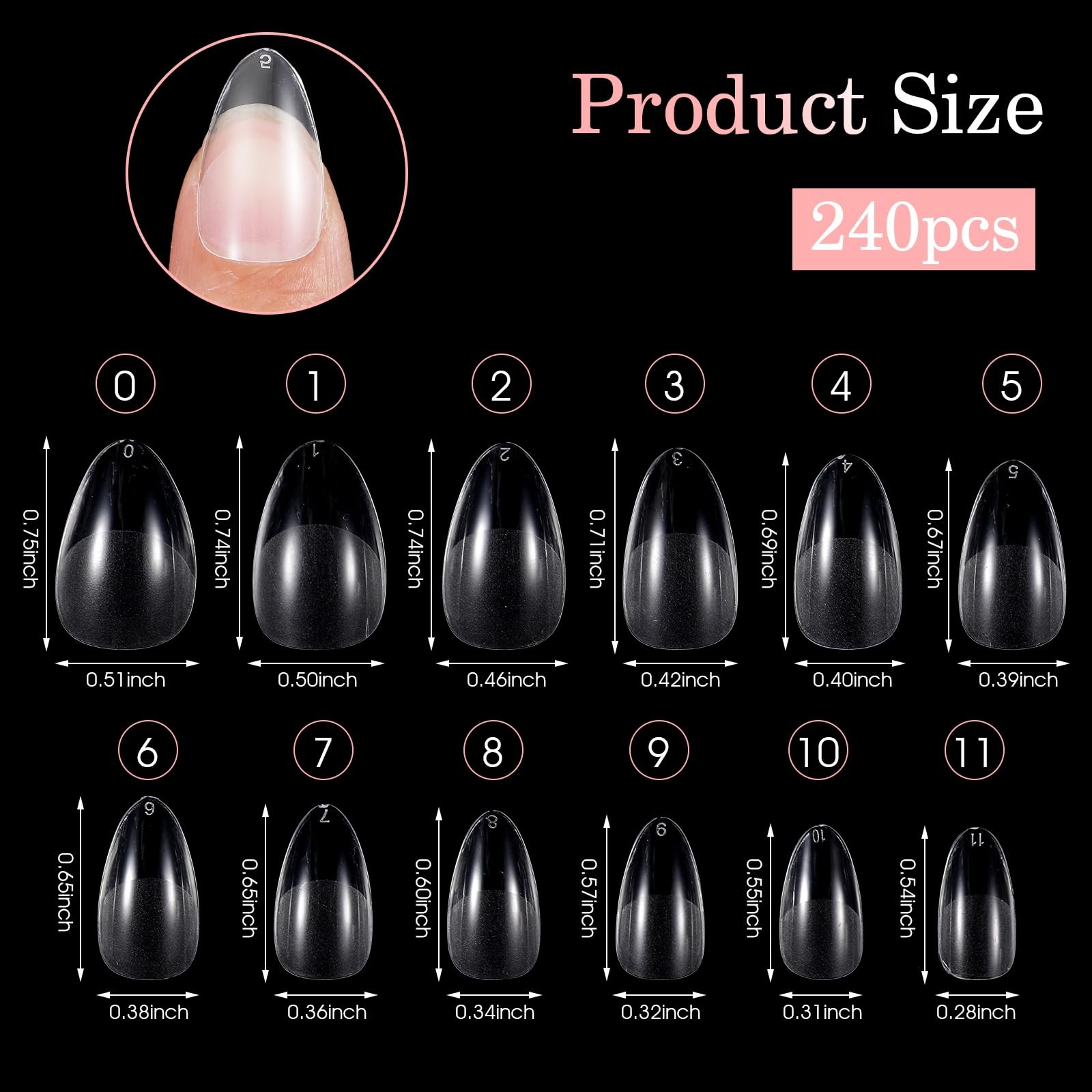 240 Pcs Short Almond Nail Tips Soft Pre-Shaped Acrylic one size, clear