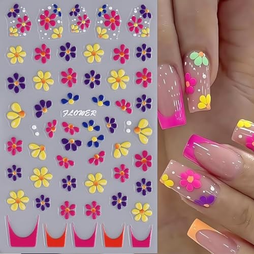 4 Sheets Colorful Flower Nail Art Stickers Decals 5D Embossed Spring flower