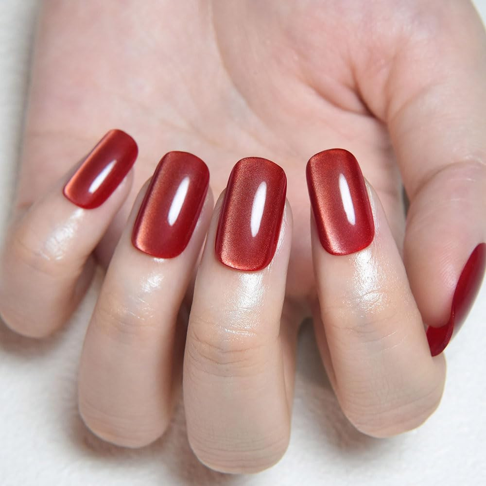 Red Cat Eye Press on Nails Medium Square, Medium Square Press Stick on Nails Chr
