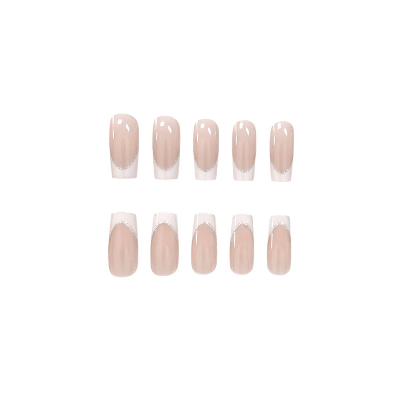 48pcs Short Taper Press on Nails, Nude White French Silver Glitter Casual Nails