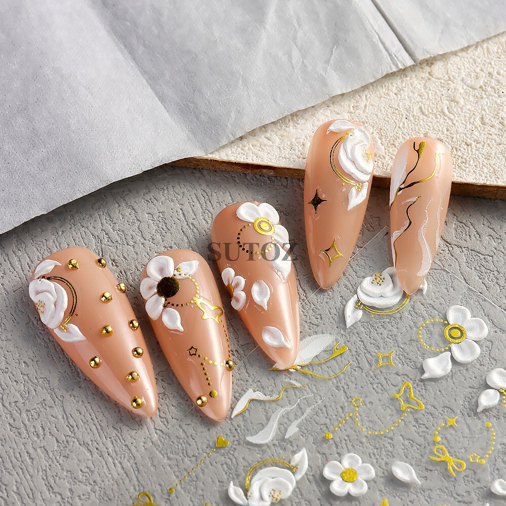 5D Embossed Daisy Rose Butterfly Camellia Flower Nail Art Stickers Self-adhesive