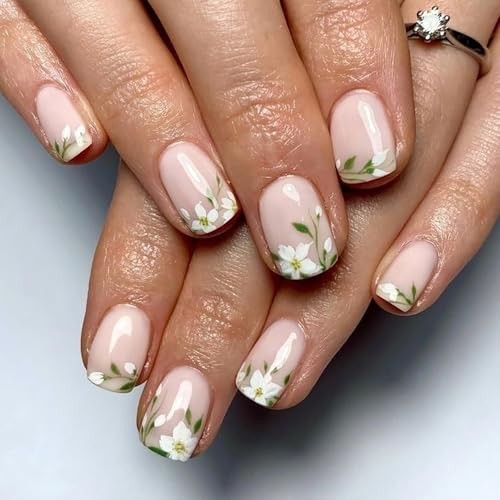 24 Pcs Spring Press on Nails Short Square Fake Nails Floral Style Nails 40