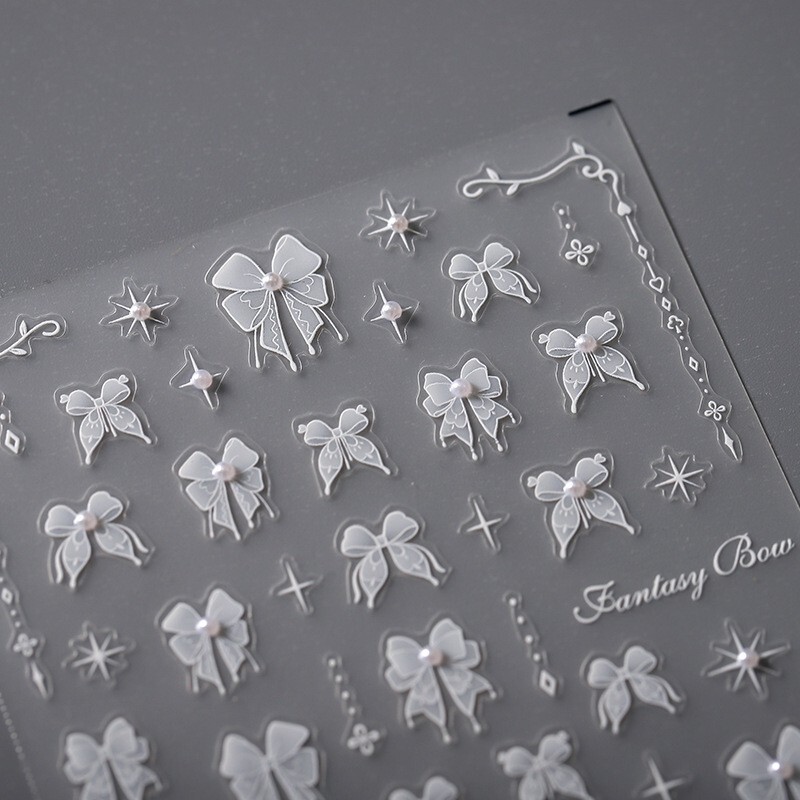 5D White Bowknot Nail Decal, Pearls Nail Decals, Star Nails Art Stickers (330)