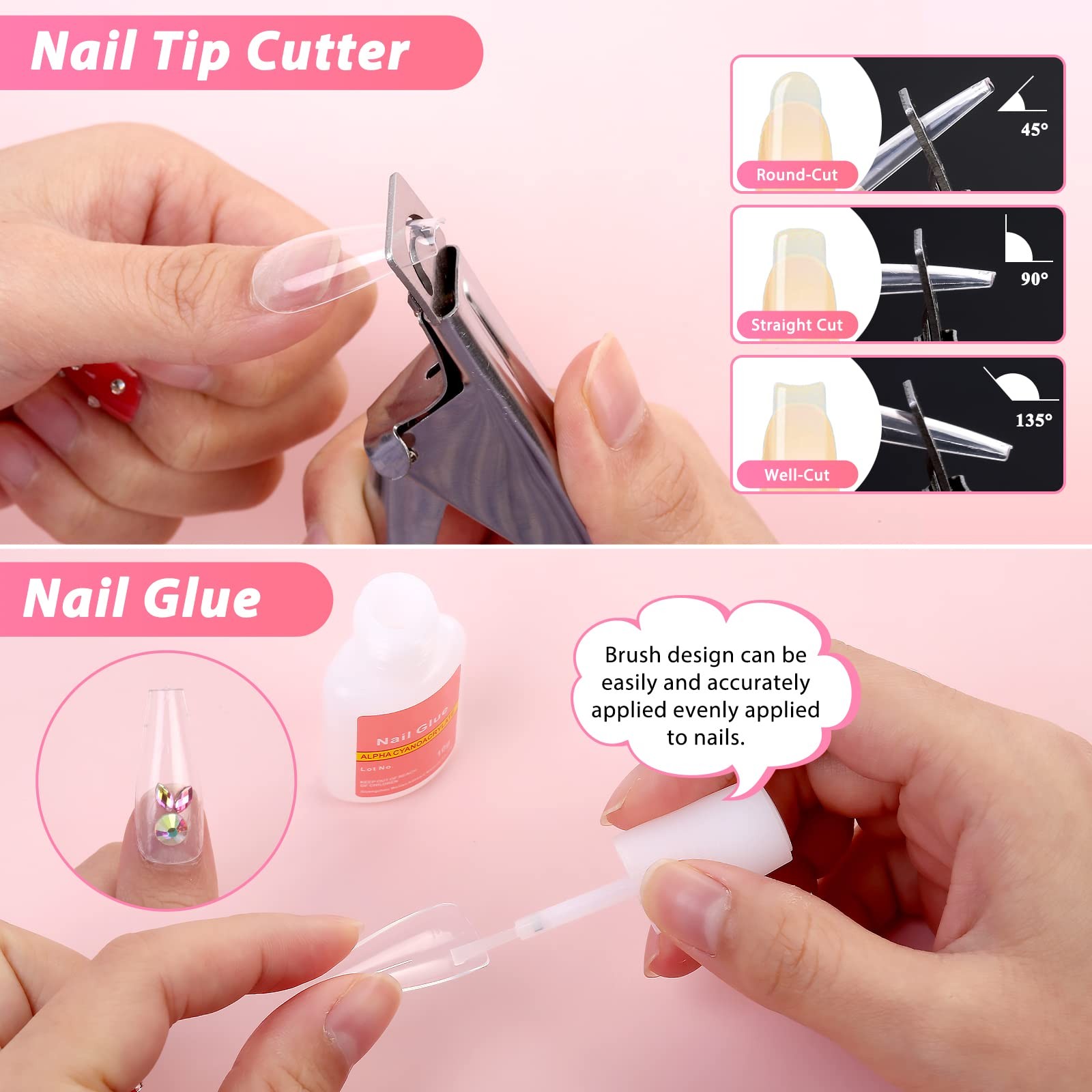 New 600PCS Clear Coffin Nail Tips Set Qinzave Acrylic with Glue Nails Full Cover
