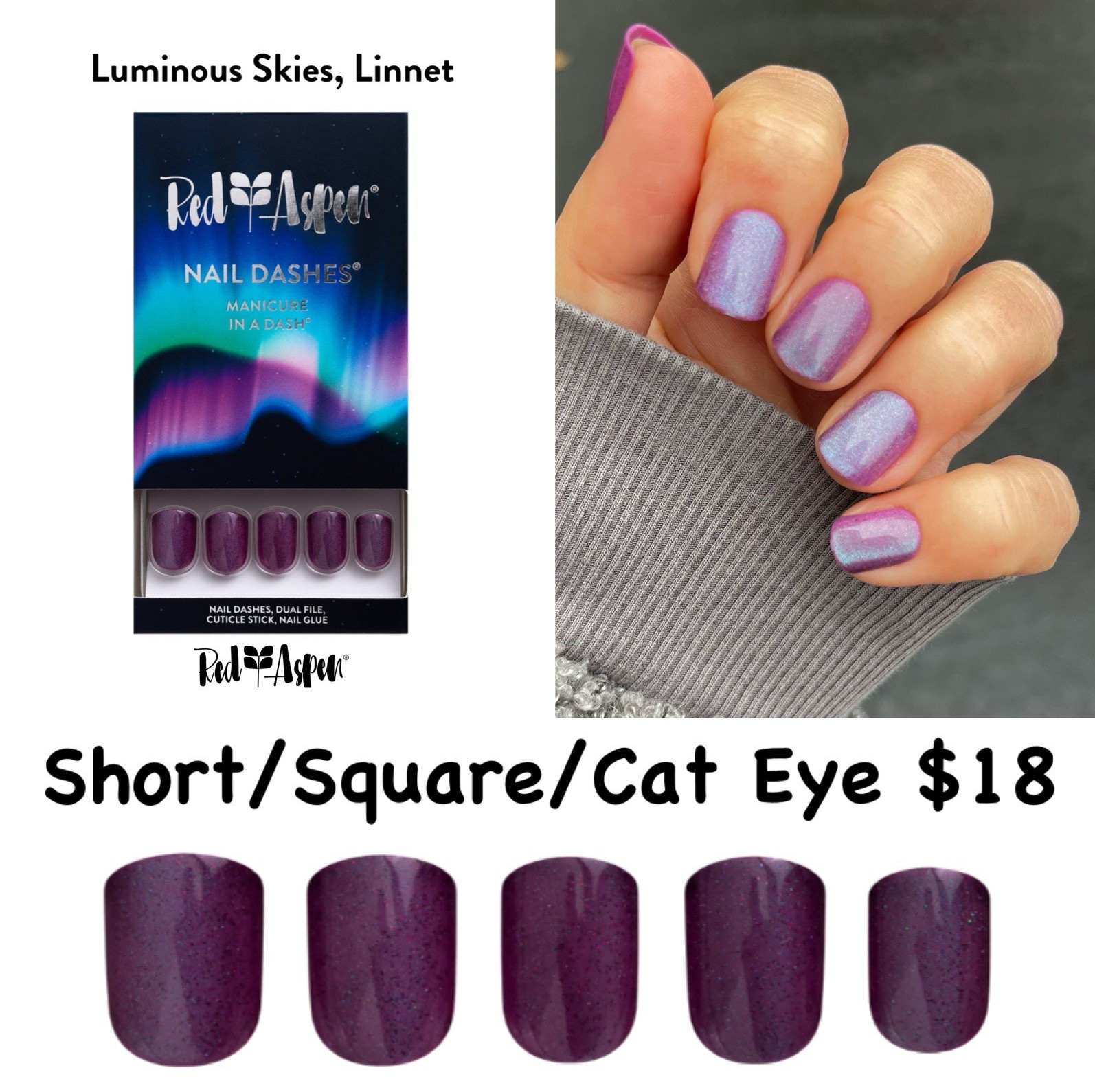 Red Aspen Press-On Nails Luminous Skies Linnet Short Square Cat Eye Shimmer Glue