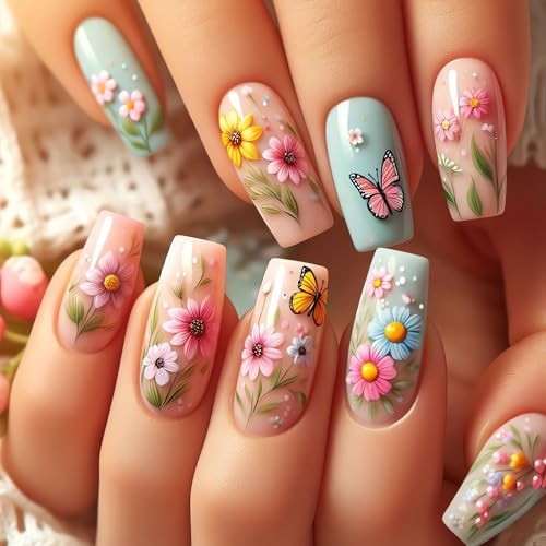 SINSEN Spring Press on Nails Medium Square Fake Nails Colorful Flower style8
