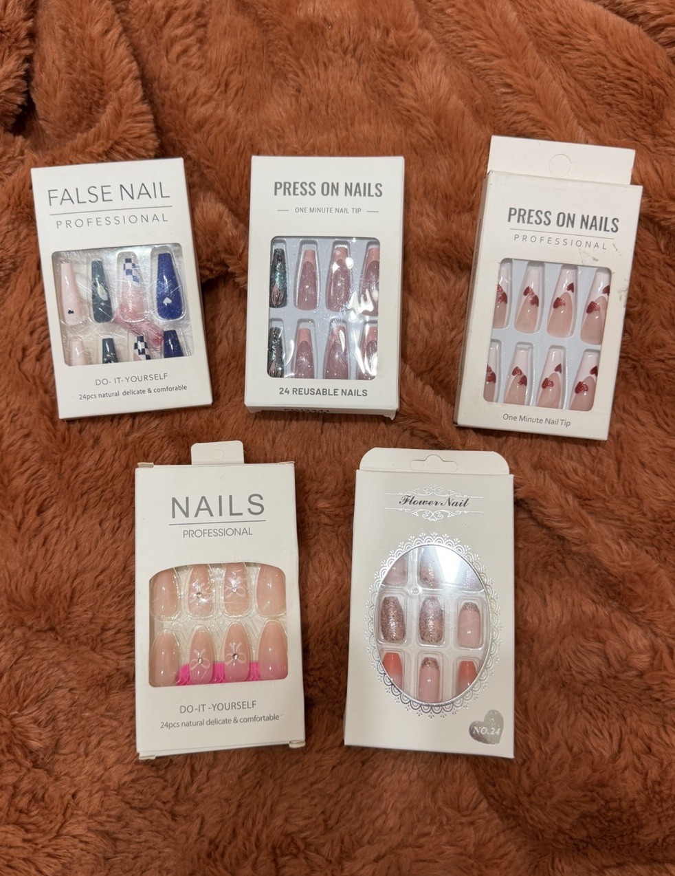 Press On Nail Bundle Set 5 Packs Mixed Designs French Glitter Pink Reusable