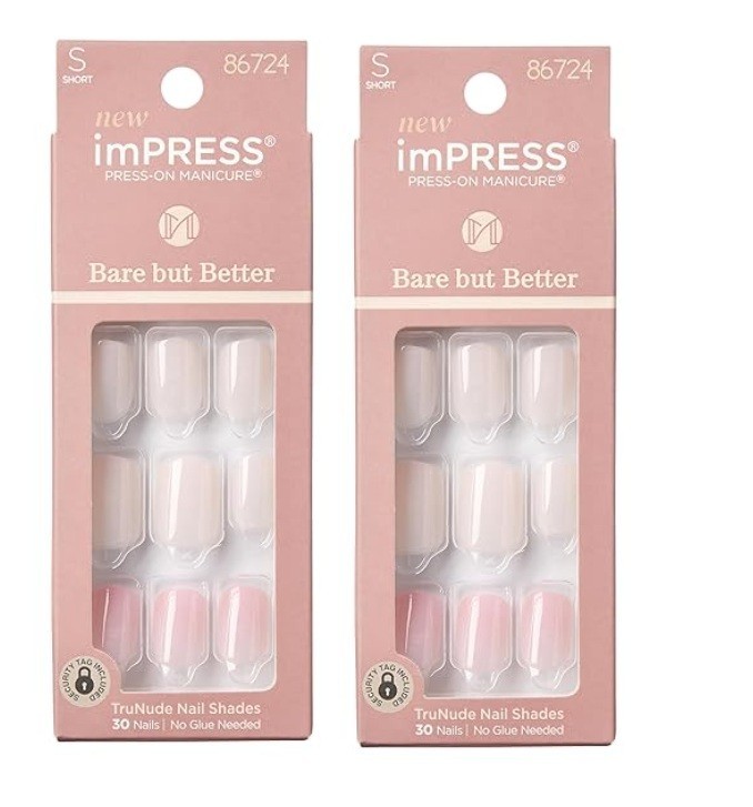(Pack 2) KISS imPRESS Bare but Better Press-on Nails, Effortless Finish, Short
