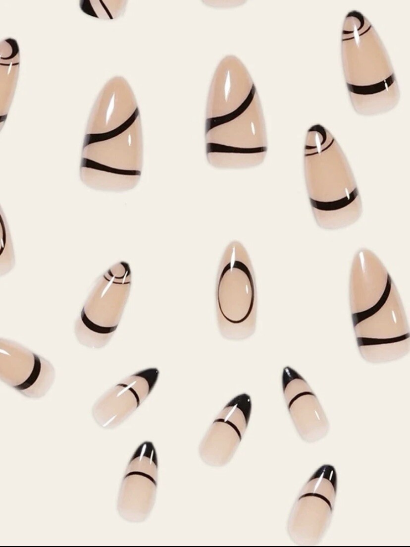 Beige Cream Black Press On Nails Fake Nude Nail False Glue Kit Set 24 Short