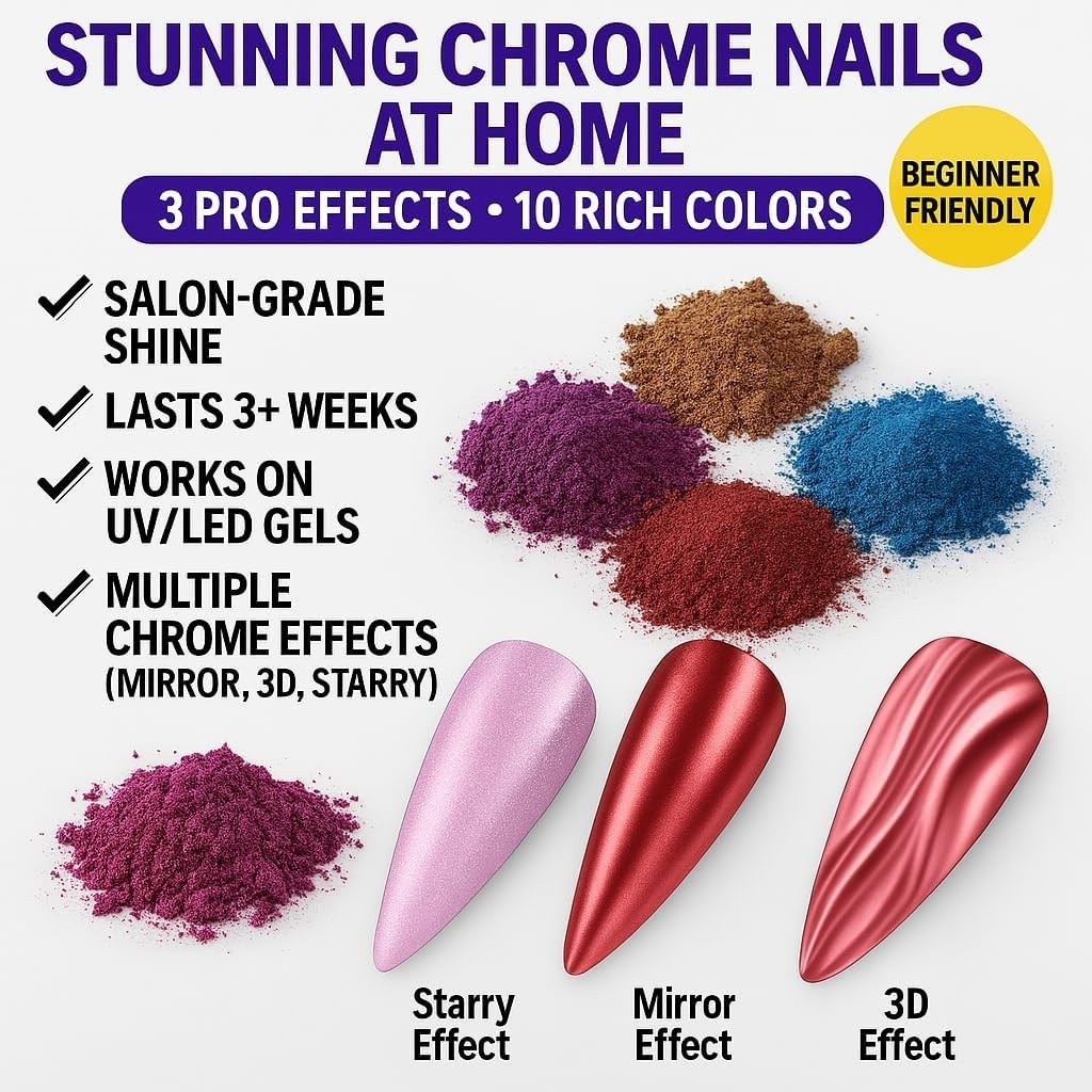 Chrome Pigment Powder Set 20 Vibrant Colors Non Toxic for Nail and Resin Art