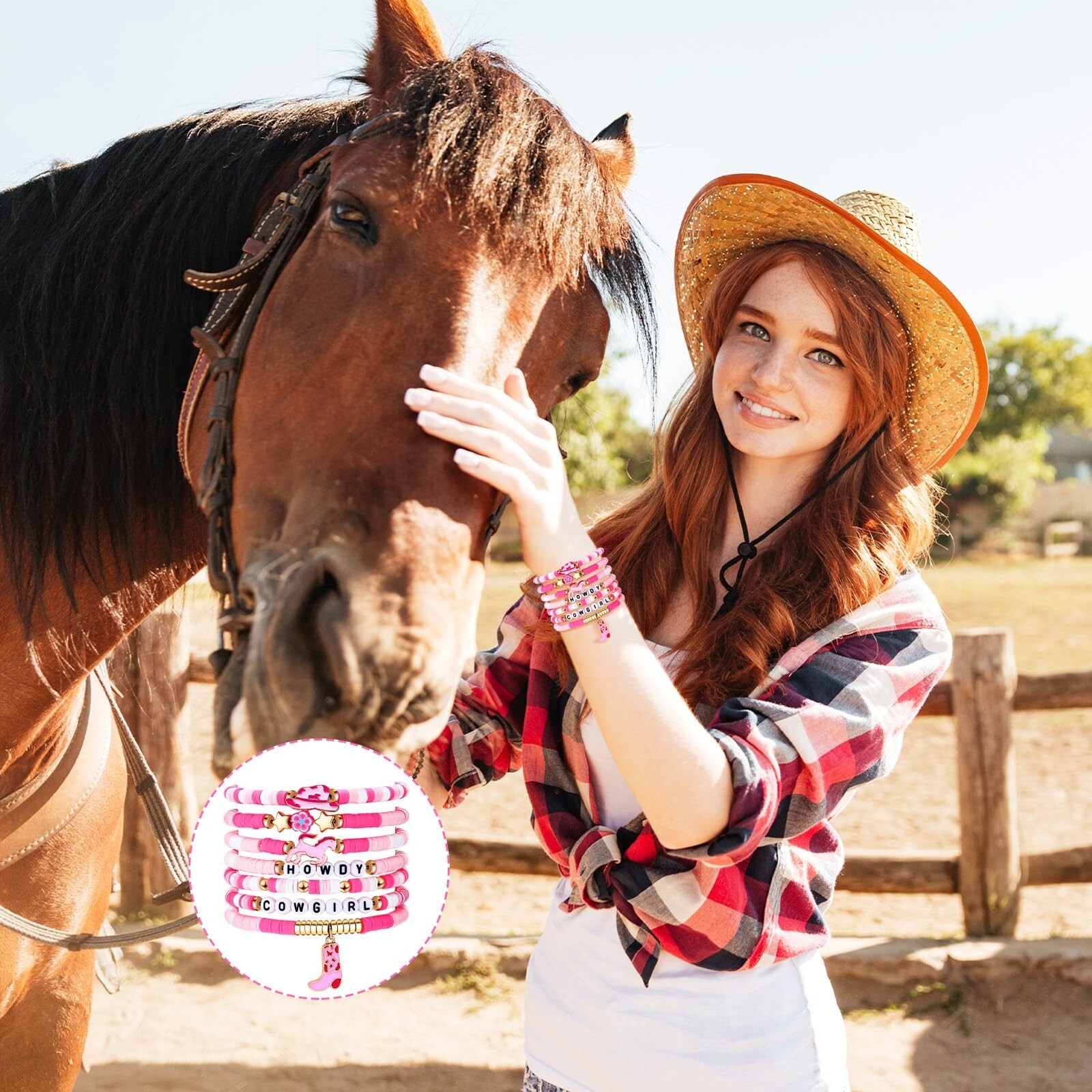 56 Pcs Pink Cowgirl Heishi Bracelets Western Cowgirl Stackable Rainbow Clay B…