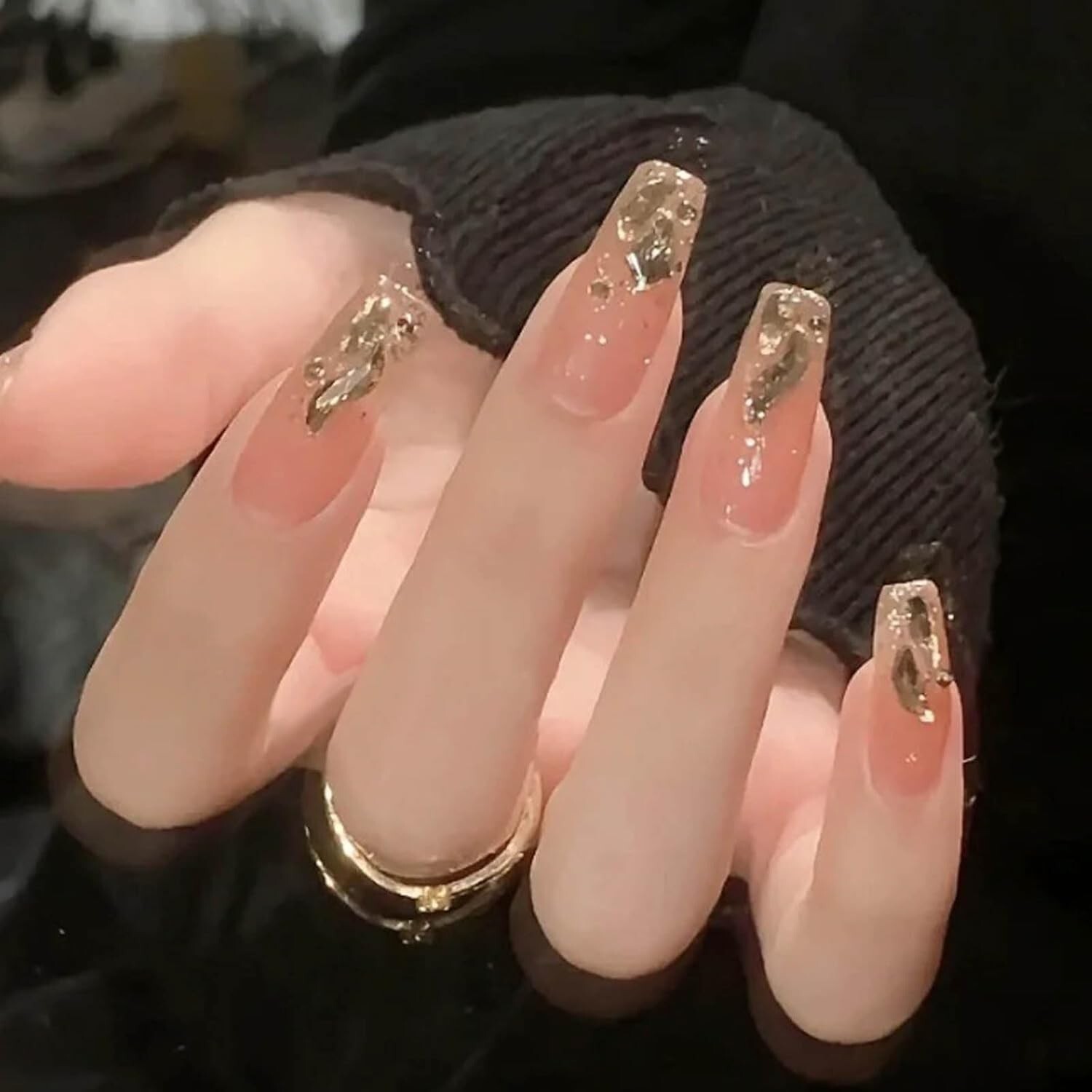 Metal Coffin Fake Nails Gold Yellow Chrome Reflective False Press Extra Long