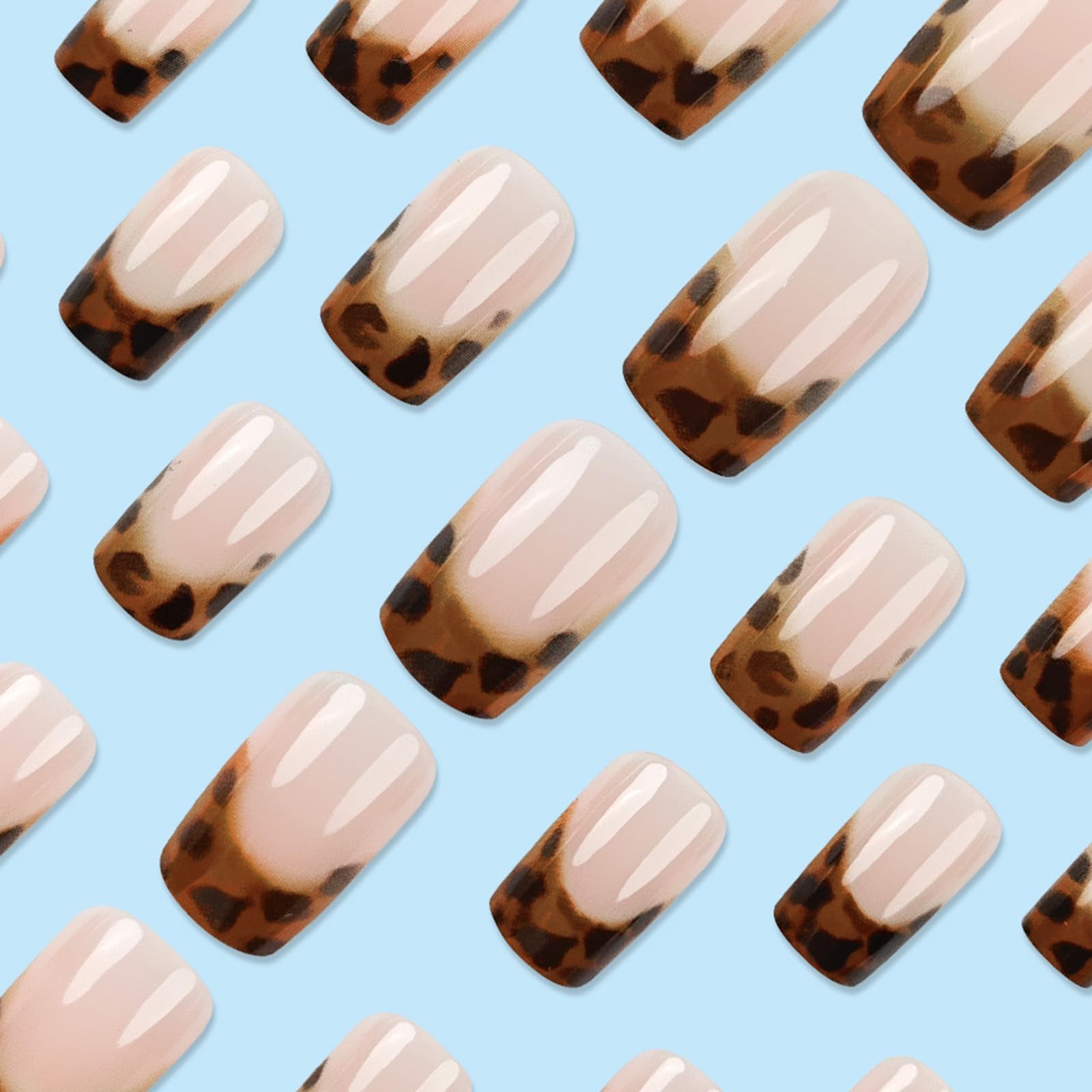 French Tip Press on Nails Medium Square Fake Nails with Leopard Print Designs…