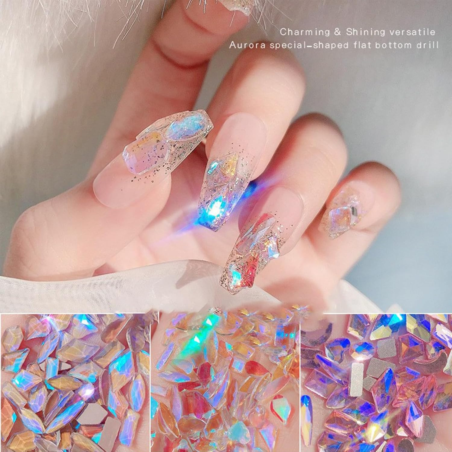 200PCS Aurora Nail Art Rhinestones Multi Shapes Mix 3D Glass Crystal Nail Gems N