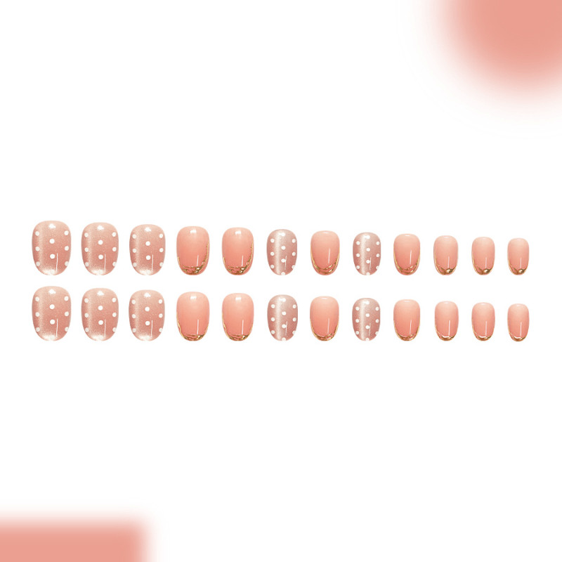 48Pcs-Short Almond Nude Pink Gold Trim White Polka Dot Elegant Press on Nails