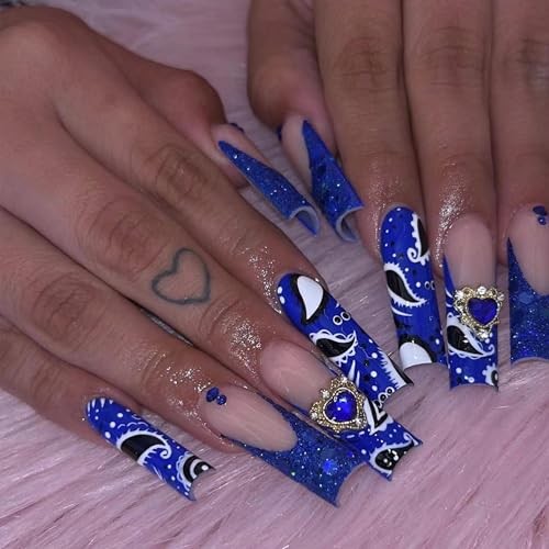 Square Fake Nails – Royal Blue – 3D Heart Glue Ons – Long Press
